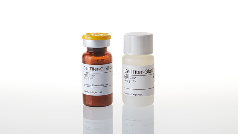CellTiter-Glo® Luminescent Cell Viability Assay product image showing the two bottles in the kit