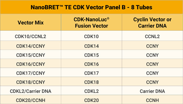NanoBRET™ TE CDK Vector Panel B Table of Vector Mixes