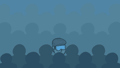 A scientist with blue goggles pops up out of a crowd of many people