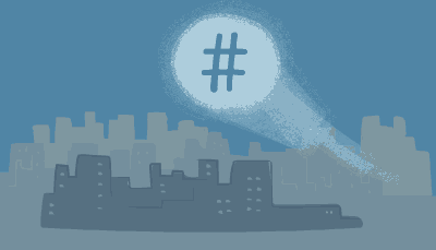 A spotlight with a hashtag on it flashes over a city while a superhero swoops past it 