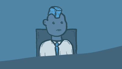 A man with a blue mohawk and a suit sits in a chair, sweating