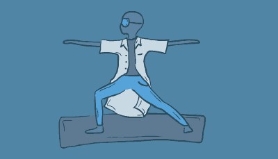 A scientist in blue goggles and a white lab coat lunges into the warrior two yoga pose on a mat