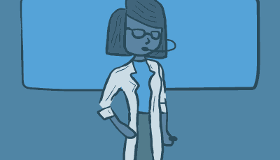 A female scientist in a lab coat and glasses stands in front of a slideshow presentation about DNA 
