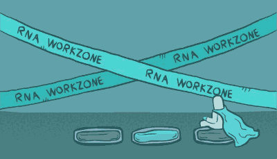 A scientist in blue goggles walks up to a counter labeled with caution tape that states “RNA Workzone” 