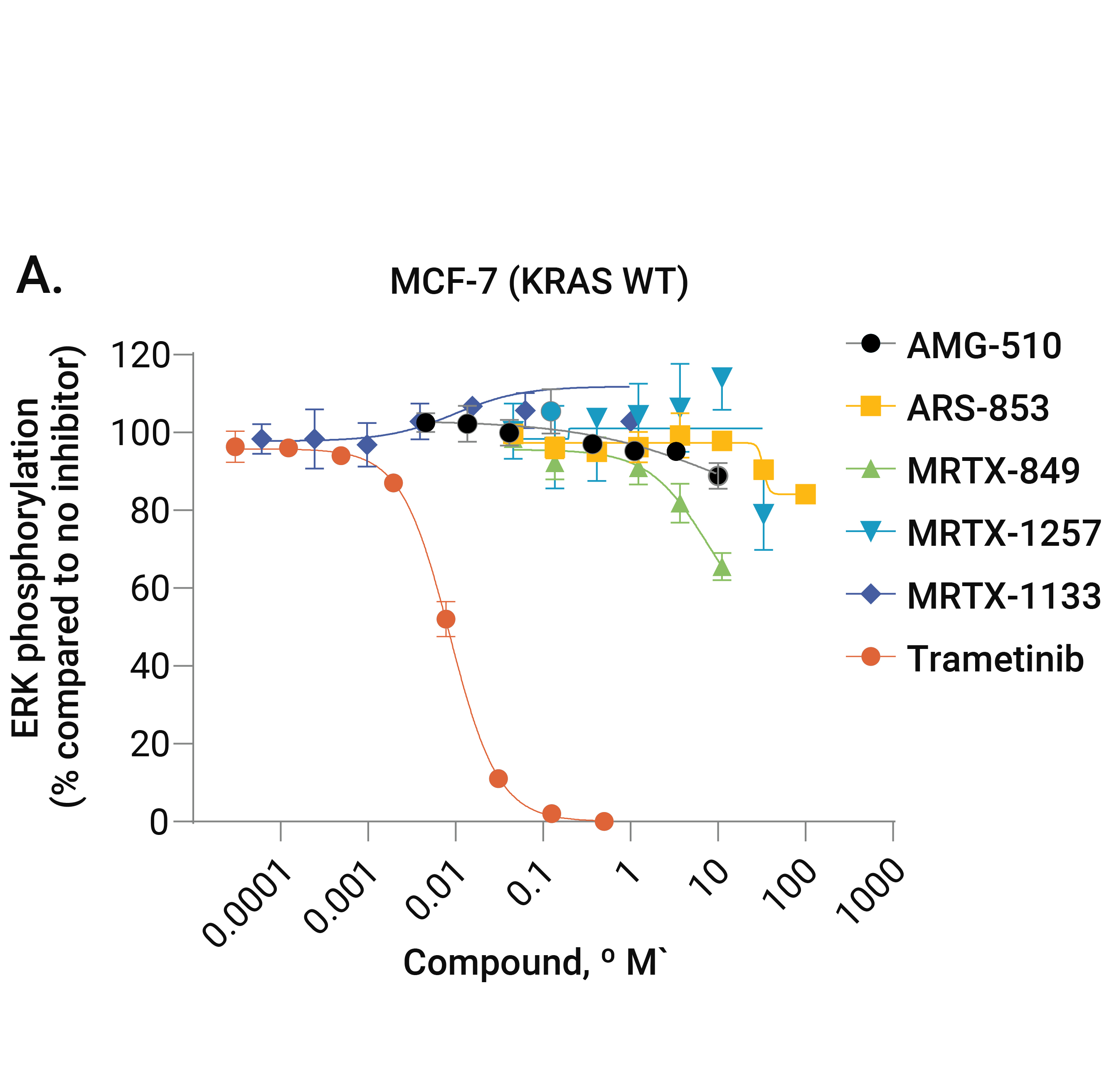 18337ma-01-01-Graph showing now pERK expression inhibition in MCF-7 (KRAS wild type) cells following treatment with KRAS inhibitors.