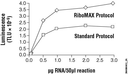 RiboMax produces more RNA than standard in vitro transcription protocols.