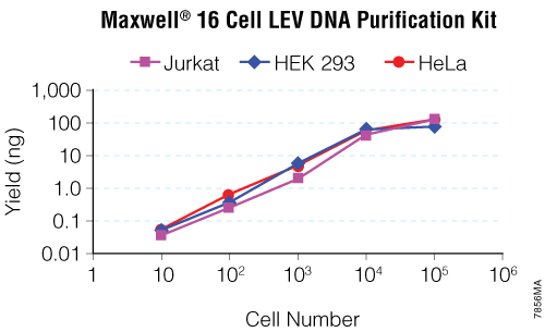 DNA isolated from 10, 100, 1,000, 10,000 and 100,000 cells suspended in PBS and culture medium using the Maxwell 16 Cell LEV DNA Purification Kit.
