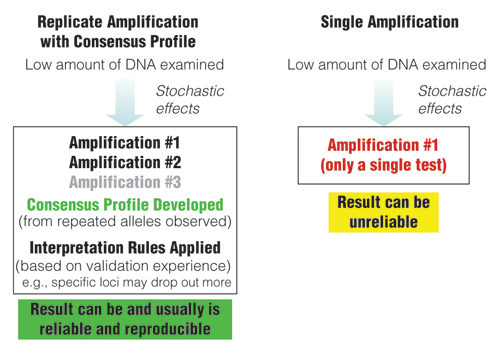 Comparison of approaches when examining low amounts of DNA.