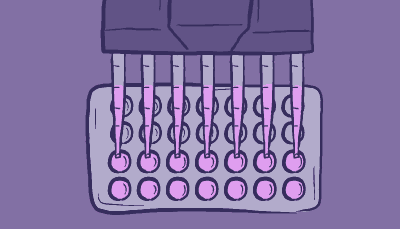 Rows of wells on a plate are filled with a pink liquid by a multichannel pipette