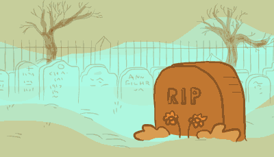 A leaf falls in front of a tombstone with the letters “RIP” on it